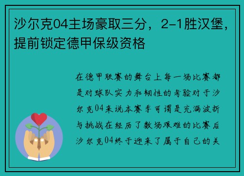 沙尔克04主场豪取三分，2-1胜汉堡，提前锁定德甲保级资格